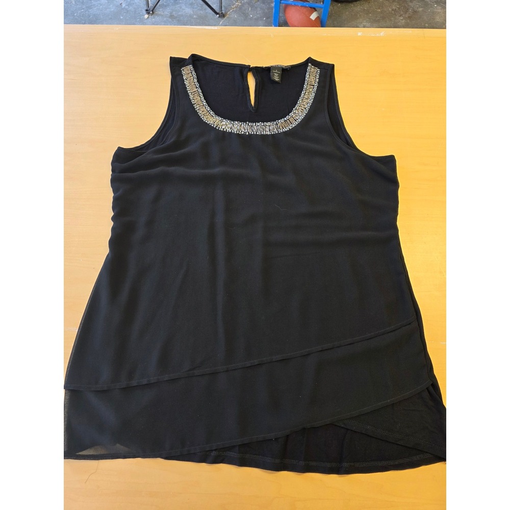 White House Black Market Black Beaded Neck Tiered Sleeveless Blouse Large